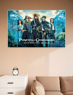 Pirates of the Caribbean Dead Men Tell No Tales official movie poster featuring the main cast against a dramatic ocean background
