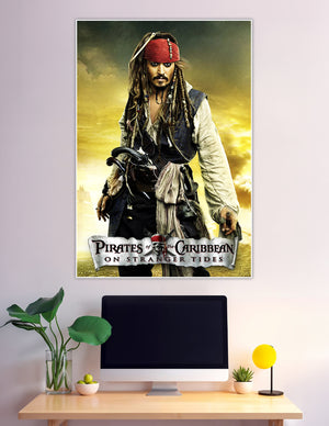 Pirates of the Caribbean On Stranger Tides movie poster featuring Captain Jack Sparrow in pirate costume against a dramatic golden sky