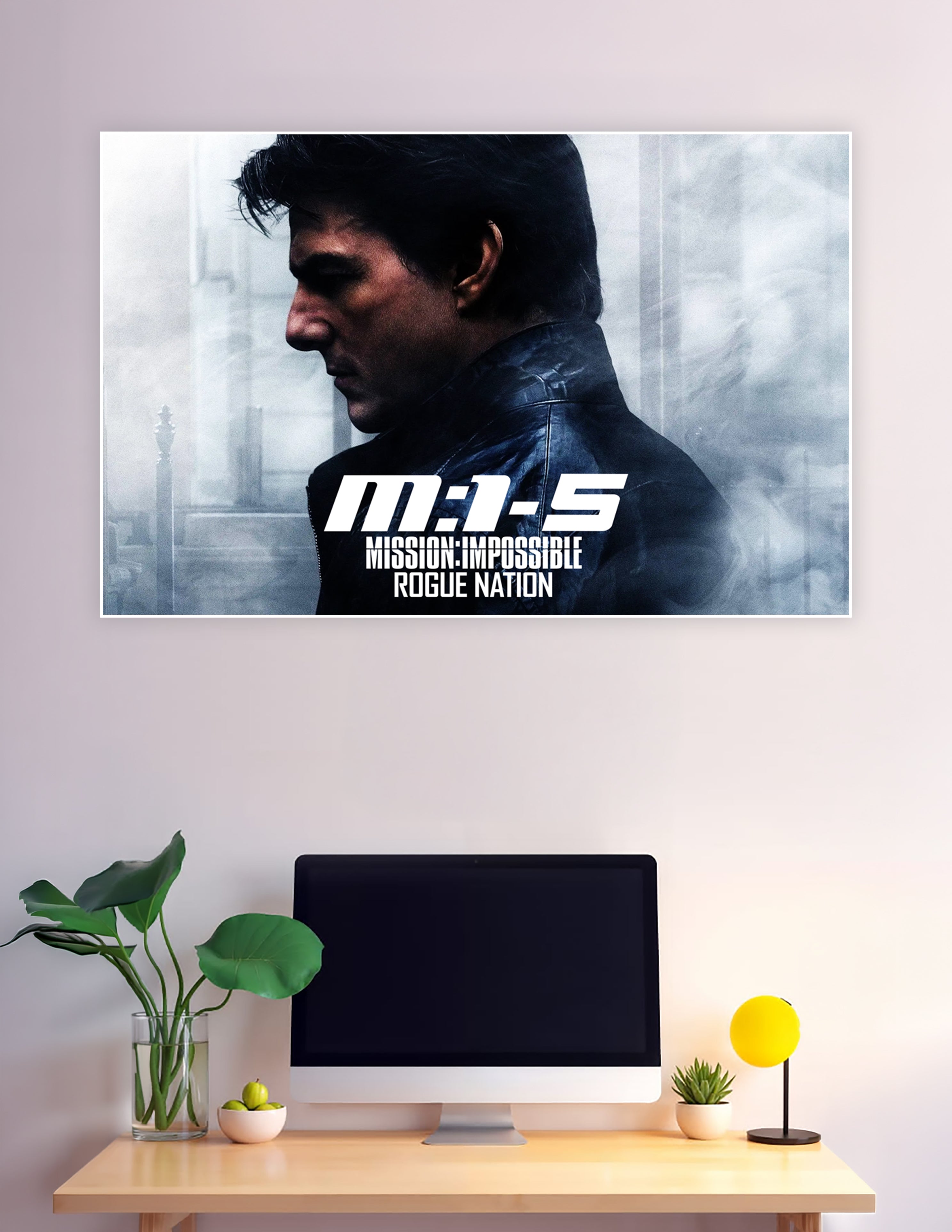 Mission Impossible Rogue Nation M:I-5 movie poster featuring a dramatic side-profile silhouette of a man in a leather jacket against a foggy blue-grey background