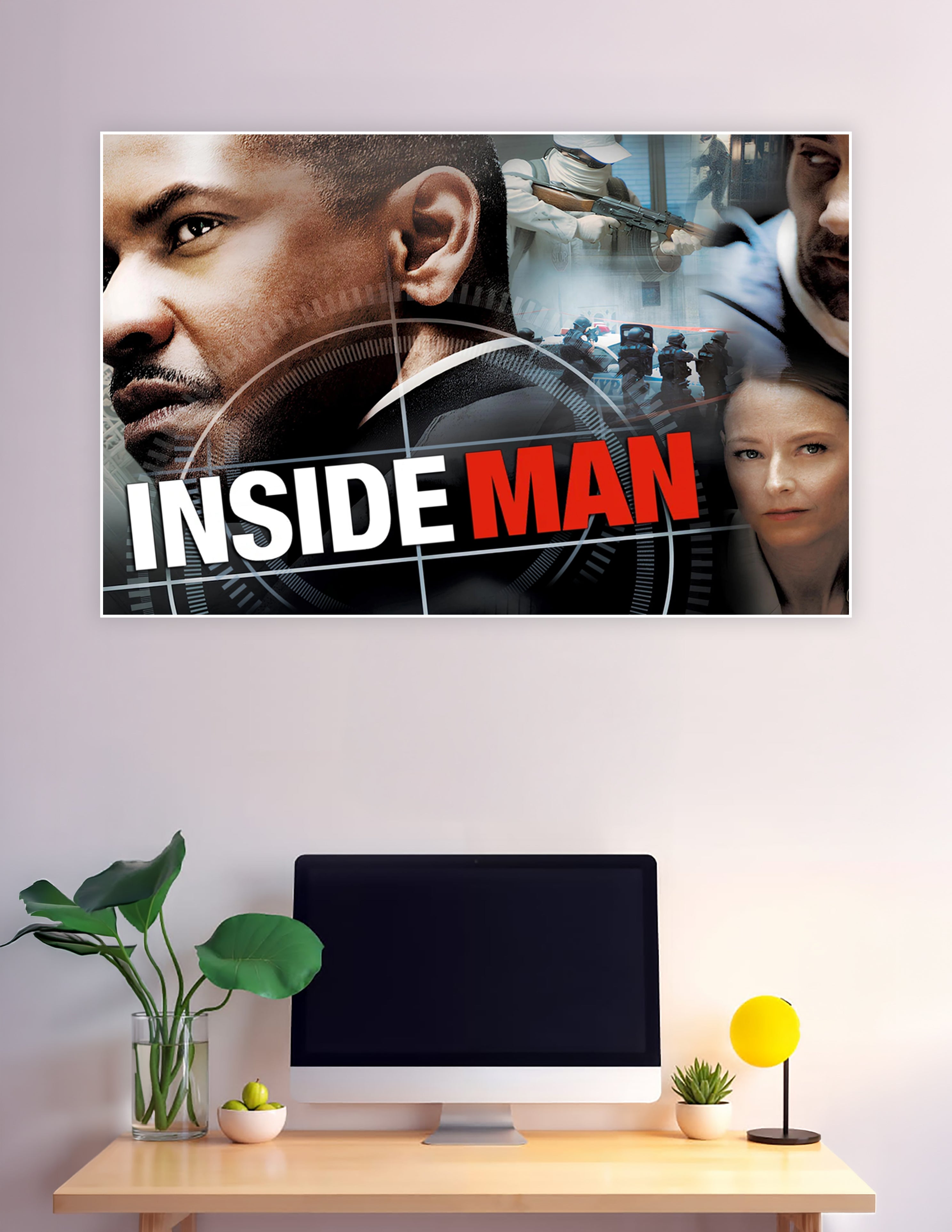 Inside Man movie poster featuring dramatic close-up portraits, armed masked figures, and NYPD tactical team with bold red and white title text