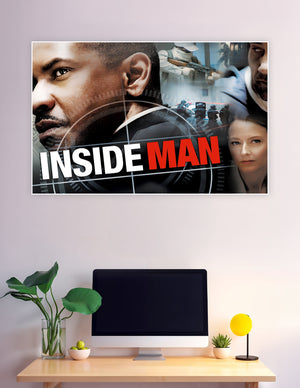 Inside Man movie poster featuring dramatic close-up portraits, armed masked figures, and NYPD tactical team with bold red and white title text