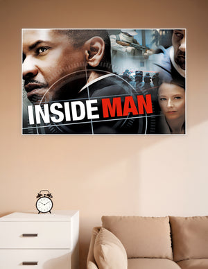 Inside Man movie poster featuring dramatic close-up portraits, armed masked figures, and NYPD tactical team with bold red and white title text