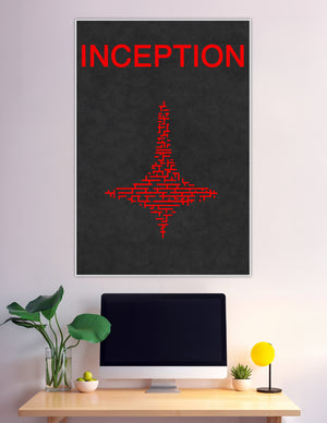 Minimalist Inception movie poster with a red geometric diamond maze shape on a dark charcoal background with bold red title text