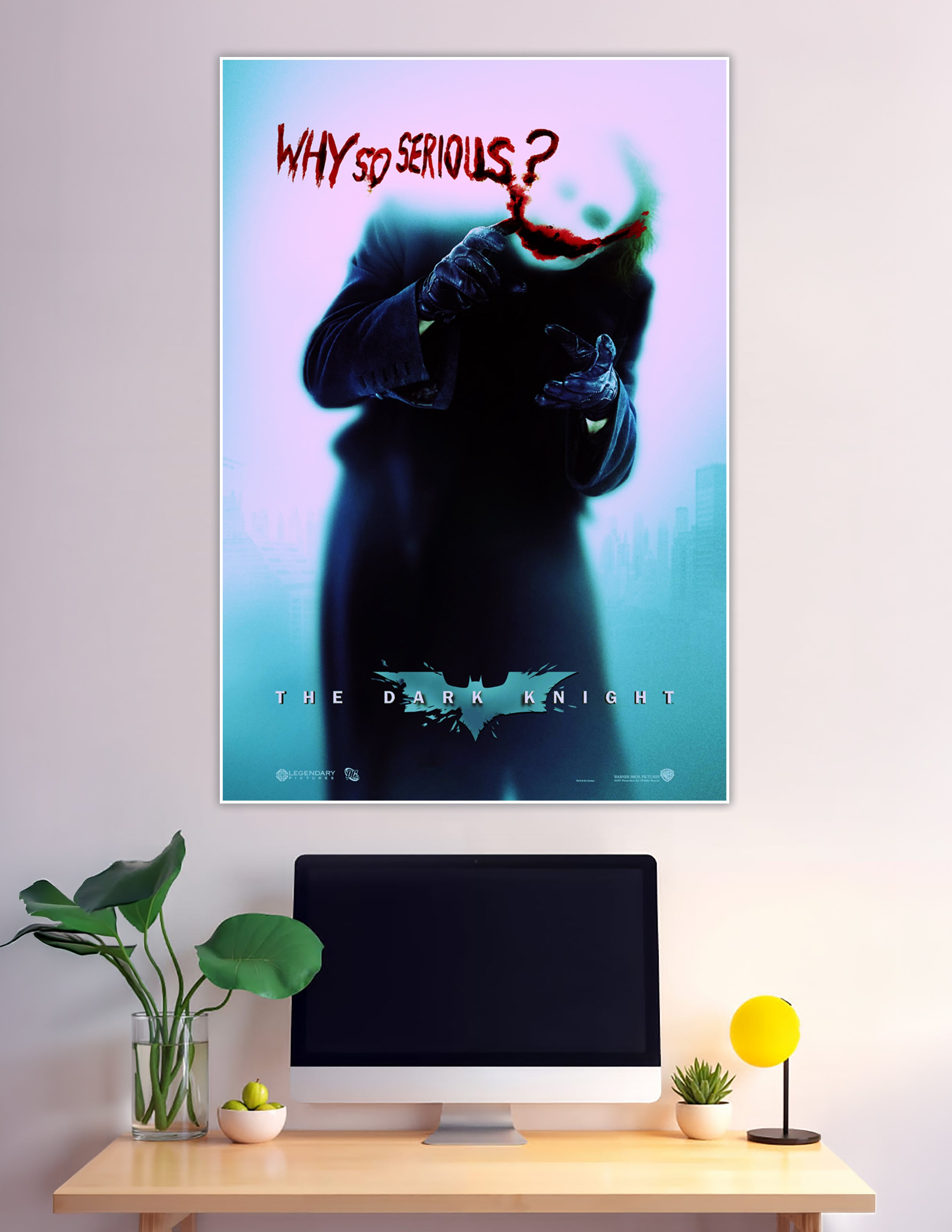 The Dark Knight movie poster featuring the Joker's silhouette with red painted smile and 'Why So Serious?' text against a blue cityscape background