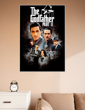 The Godfather Part II official movie poster featuring dramatic portraits of the cast against a dark black background with smoky atmospheric effects