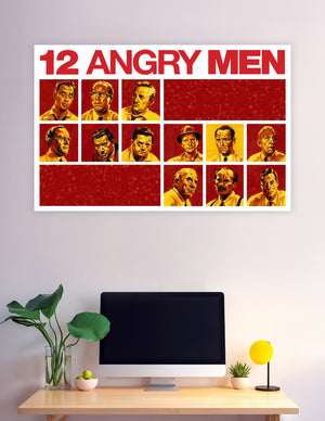 12 Angry Men classic movie poster featuring painted portraits of all twelve jurors in bold red and gold tones