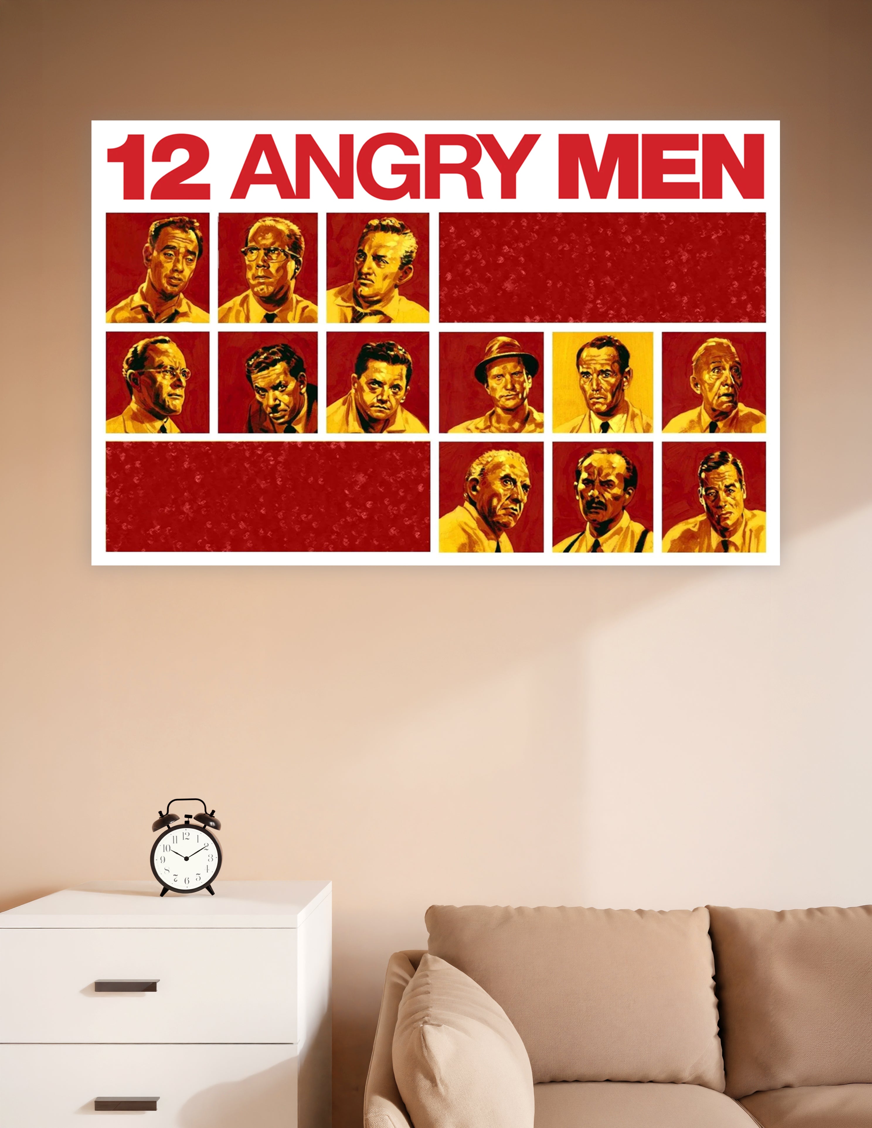 12 Angry Men classic movie poster featuring painted portraits of all twelve jurors in bold red and gold tones