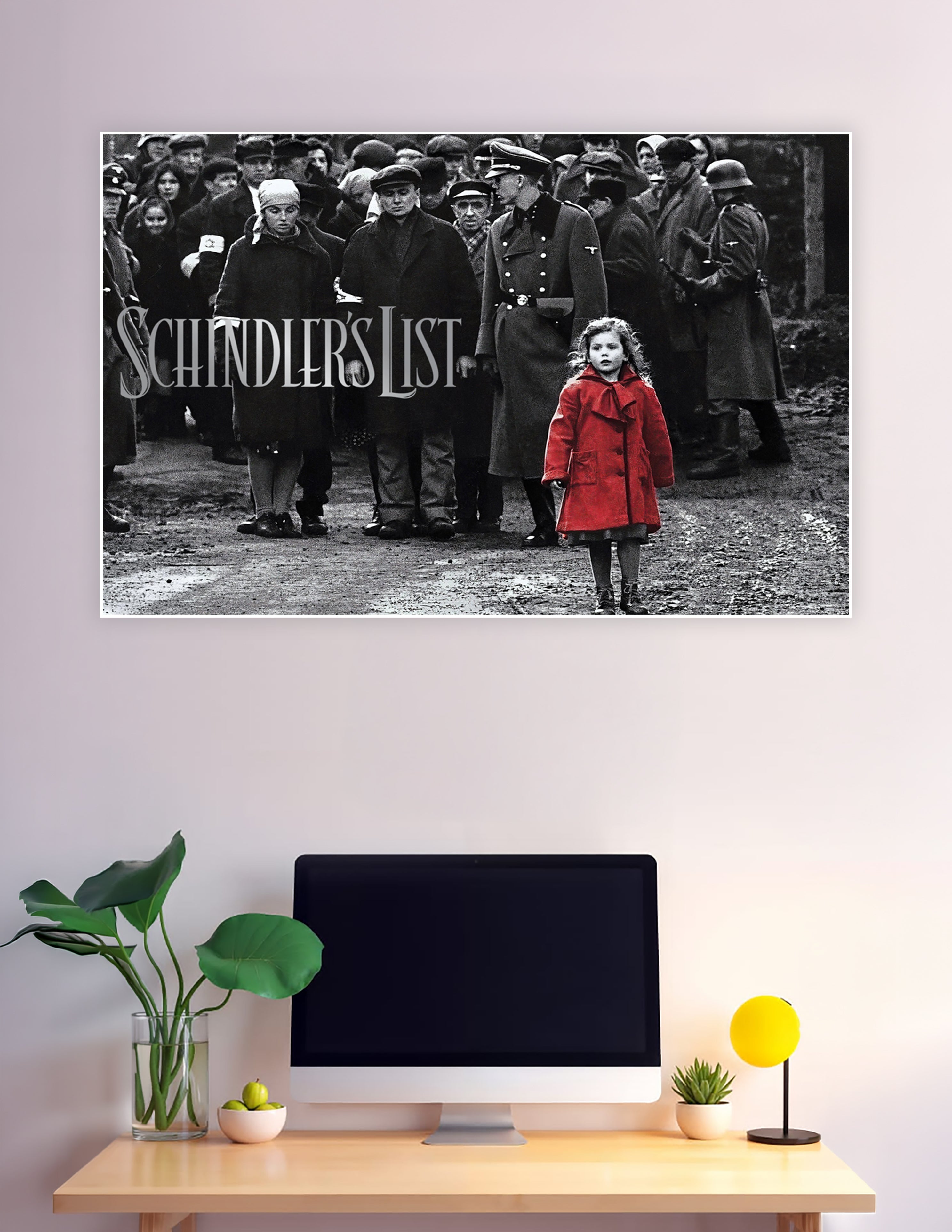 Schindler's List movie poster featuring the iconic girl in a red coat walking through a black-and-white wartime crowd with Nazi soldiers in the background