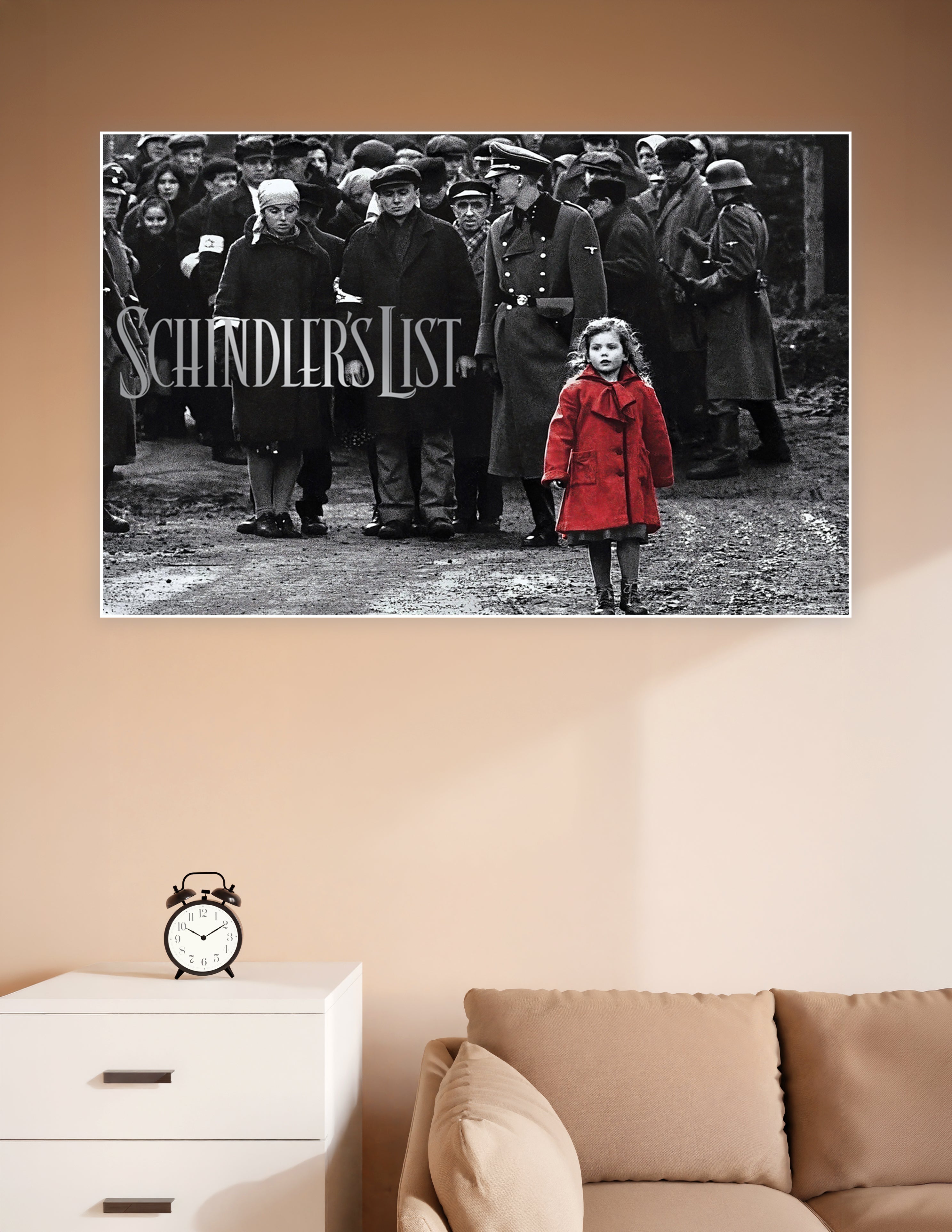 Schindler's List movie poster featuring the iconic girl in a red coat walking through a black-and-white wartime crowd with Nazi soldiers in the background