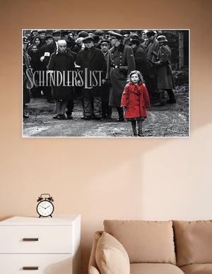 Schindler's List movie poster featuring the iconic girl in a red coat walking through a black-and-white wartime crowd with Nazi soldiers in the background