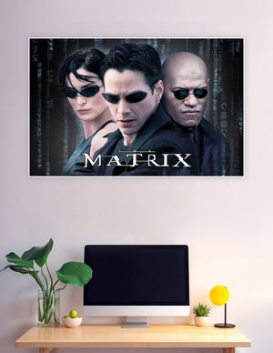 The Matrix movie poster featuring Neo, Trinity, and Morpheus in black outfits and sunglasses against a dark digital code background