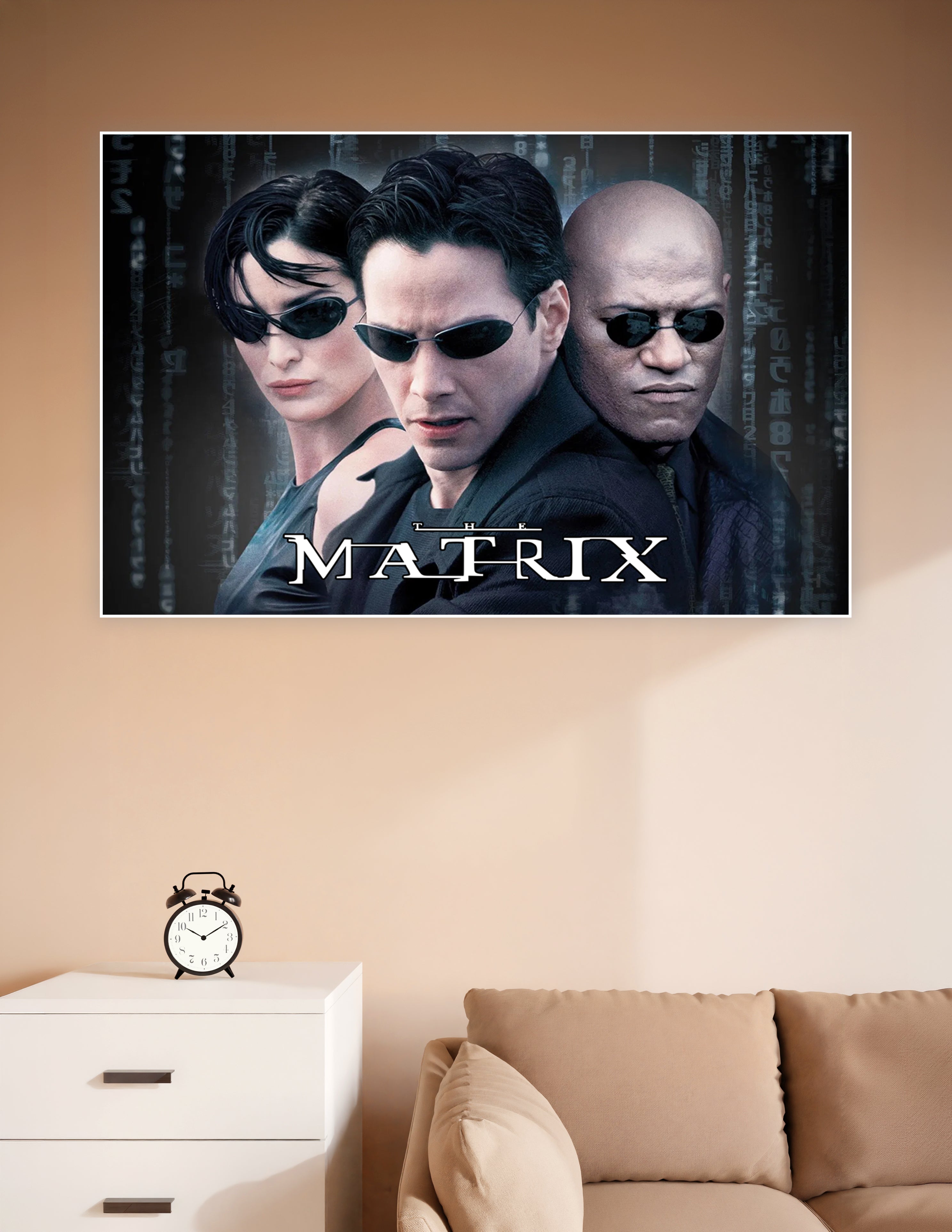 The Matrix movie poster featuring Neo, Trinity, and Morpheus in black outfits and sunglasses against a dark digital code background