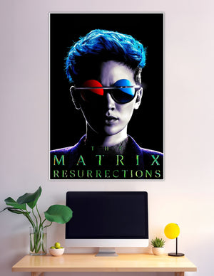 Matrix Resurrections poster blue hair red blue glasses
