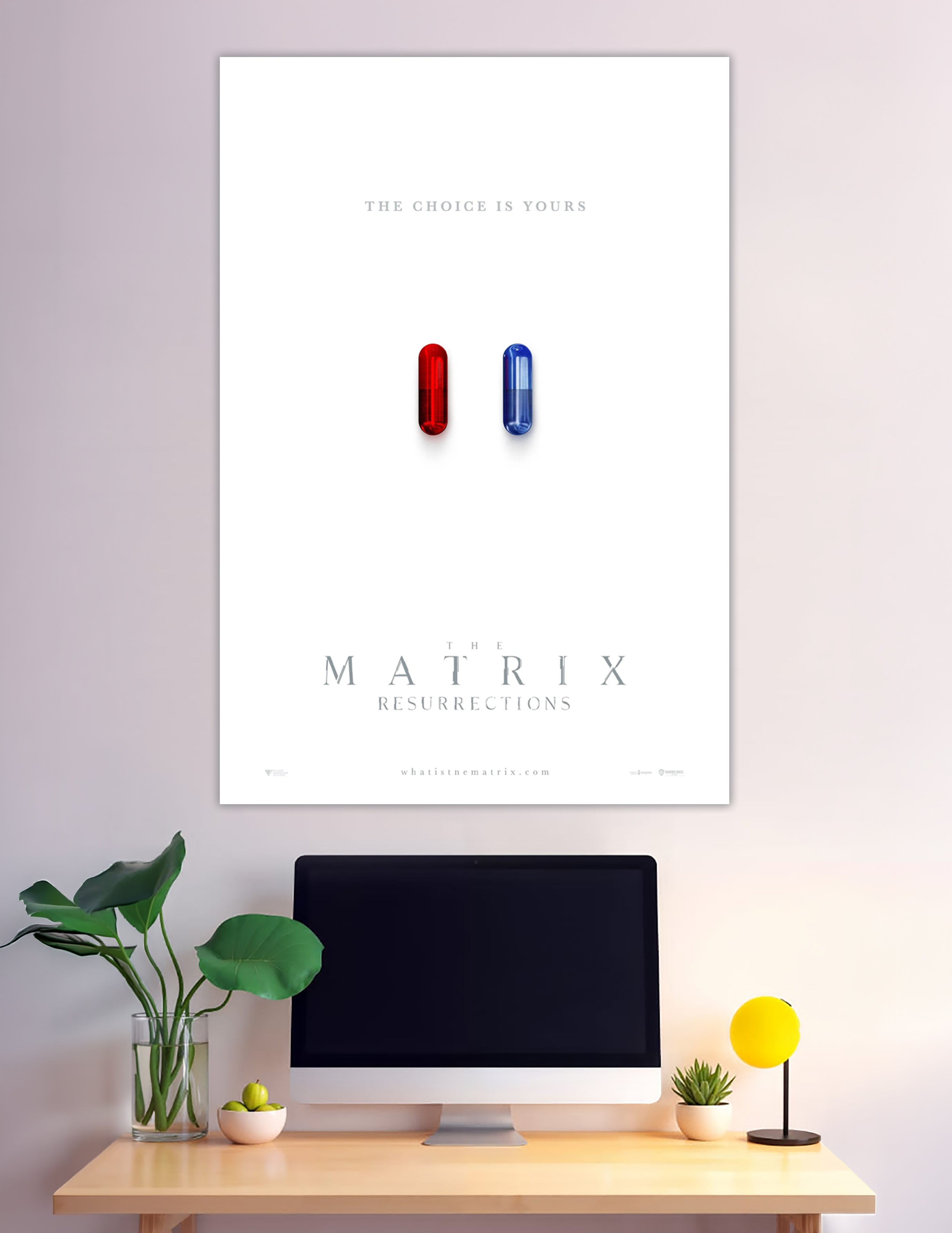 Minimalist Matrix Resurrections movie poster showing a red pill and blue pill on a white background with the tagline The Choice Is Yours