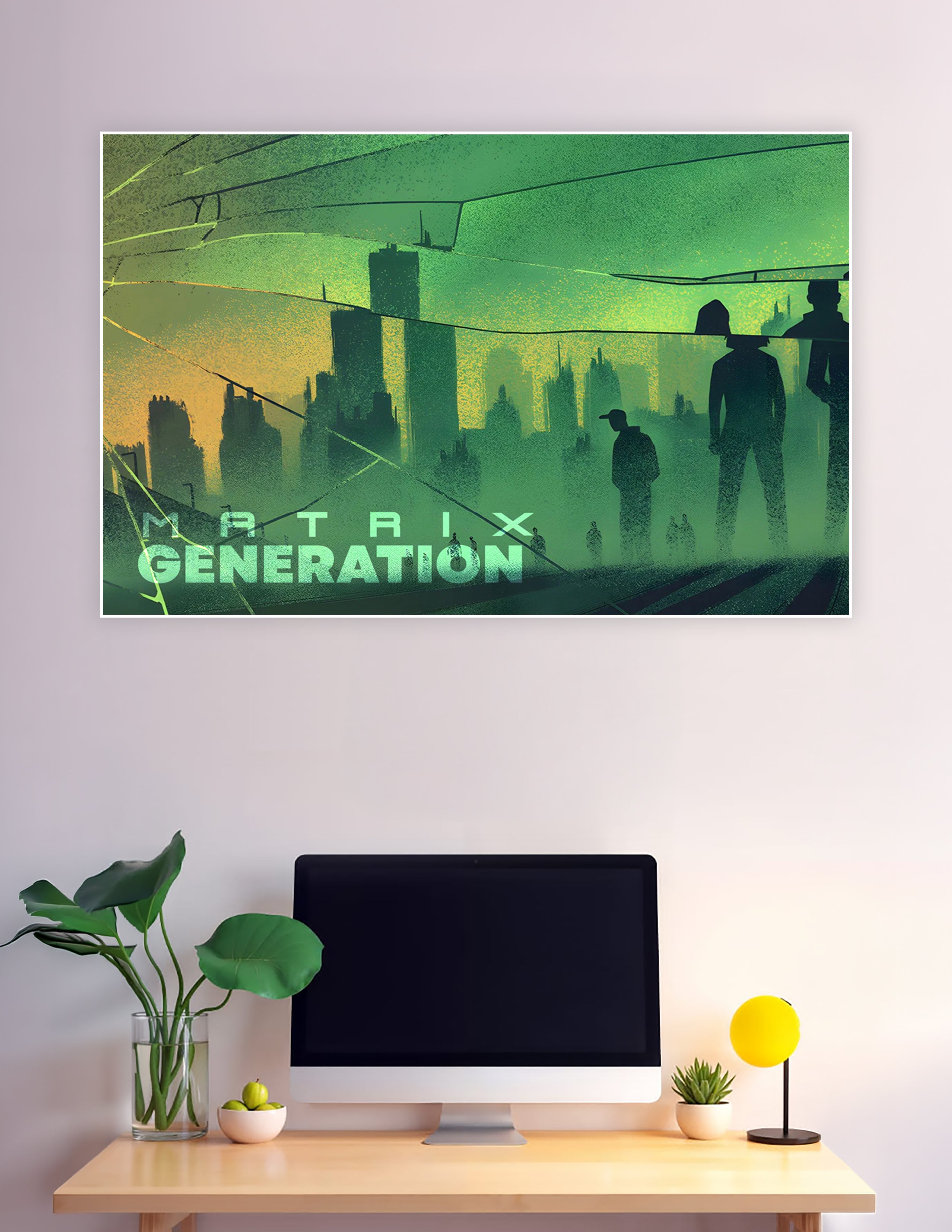 Matrix Generation poster featuring green-toned dystopian city skyline with silhouetted figures and cracked glass overlay effect