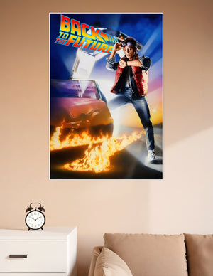 Back to the Future 1985 movie poster featuring Marty McFly checking his watch beside the flaming DeLorean time machine with bold retro title typography
