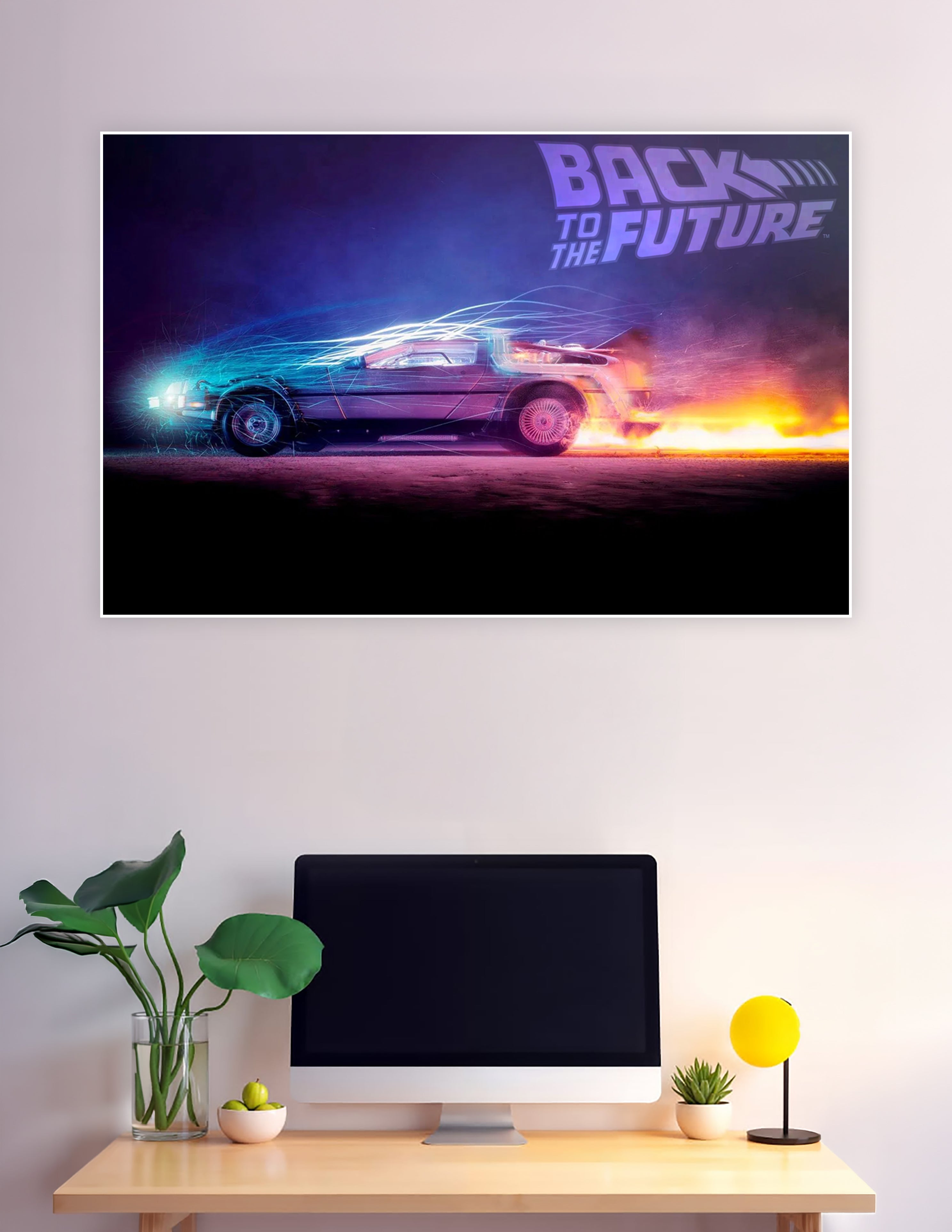 Back to the Future DeLorean DMC-12 time machine poster with neon blue electric sparks and fire trails on a dark purple background