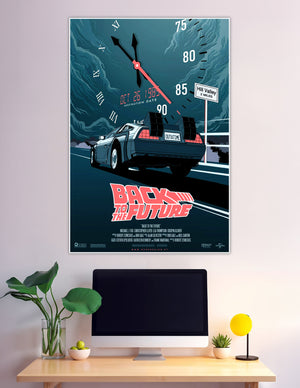 Illustrated Back to the Future movie poster featuring the DeLorean time machine with OUTATIME license plate, Hill Valley sign, clock face, speedometer, and stormy teal sky
