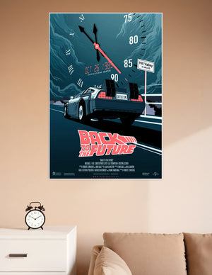 Illustrated Back to the Future movie poster featuring the DeLorean time machine with OUTATIME license plate, Hill Valley sign, clock face, speedometer, and stormy teal sky