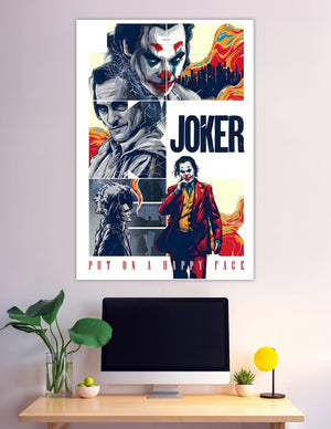Joker comic-style art poster featuring Arthur Fleck transformation panels with bold red, gold, and blue tones and 'Put On A Happy Face' tagline