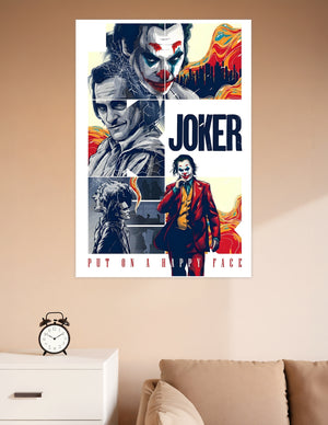 Joker comic-style art poster featuring Arthur Fleck transformation panels with bold red, gold, and blue tones and 'Put On A Happy Face' tagline
