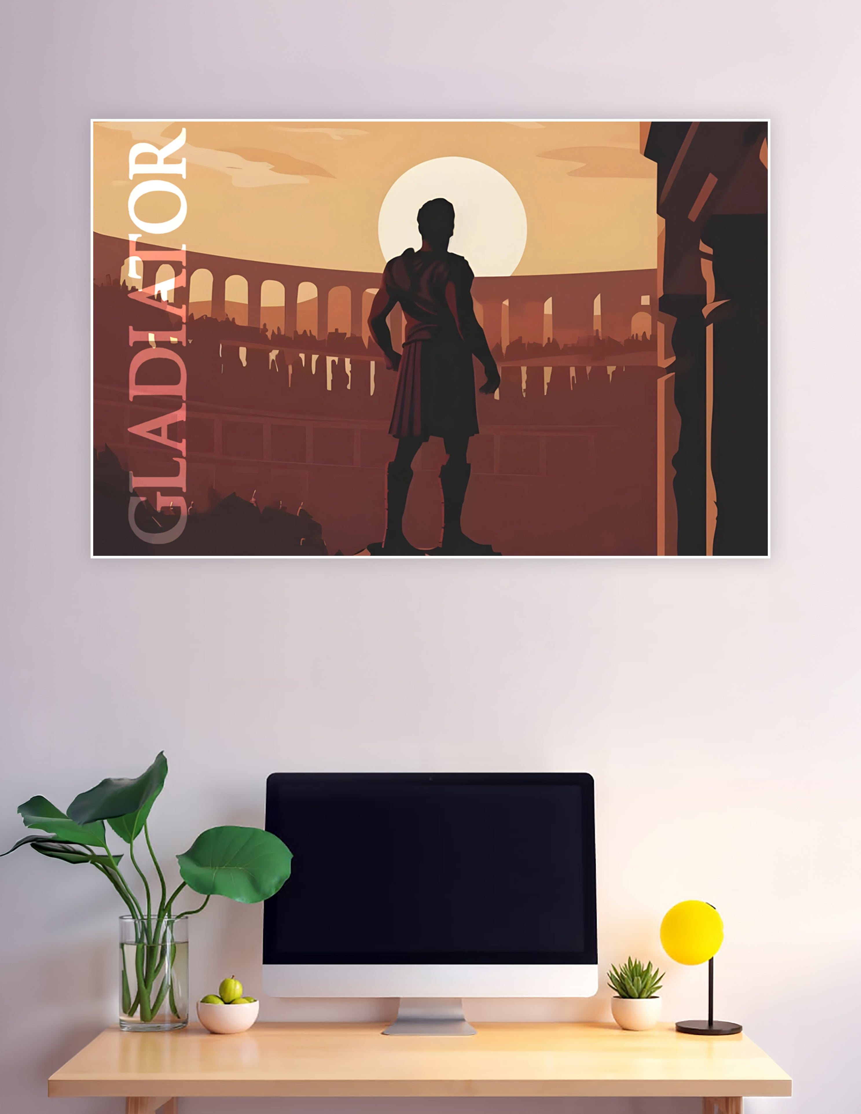 Silhouette of a gladiator standing in the Roman Colosseum at sunset with warm amber tones and the word Gladiator on the left side