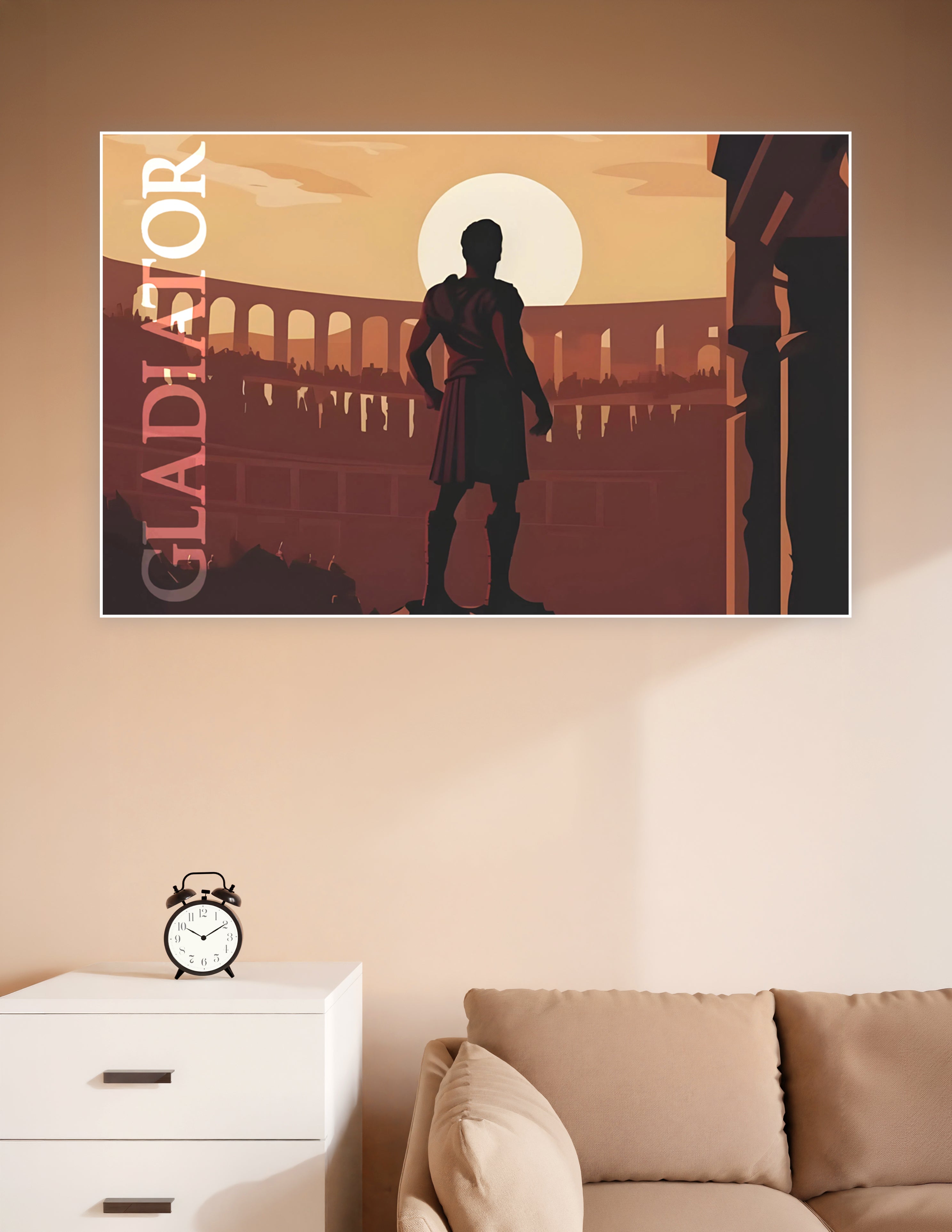 Silhouette of a gladiator standing in the Roman Colosseum at sunset with warm amber tones and the word Gladiator on the left side