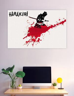 Harakiri samurai silhouette poster with dramatic red blood splatter and bold typography on white background