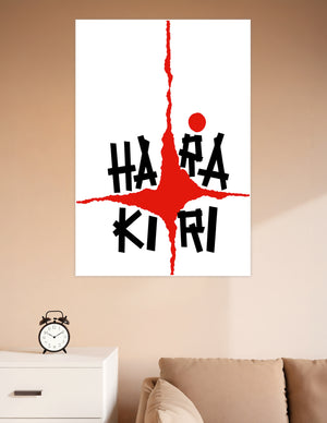 Bold black and red Harakiri typography poster with a jagged crimson slash on a white background, Japanese-inspired graphic wall art