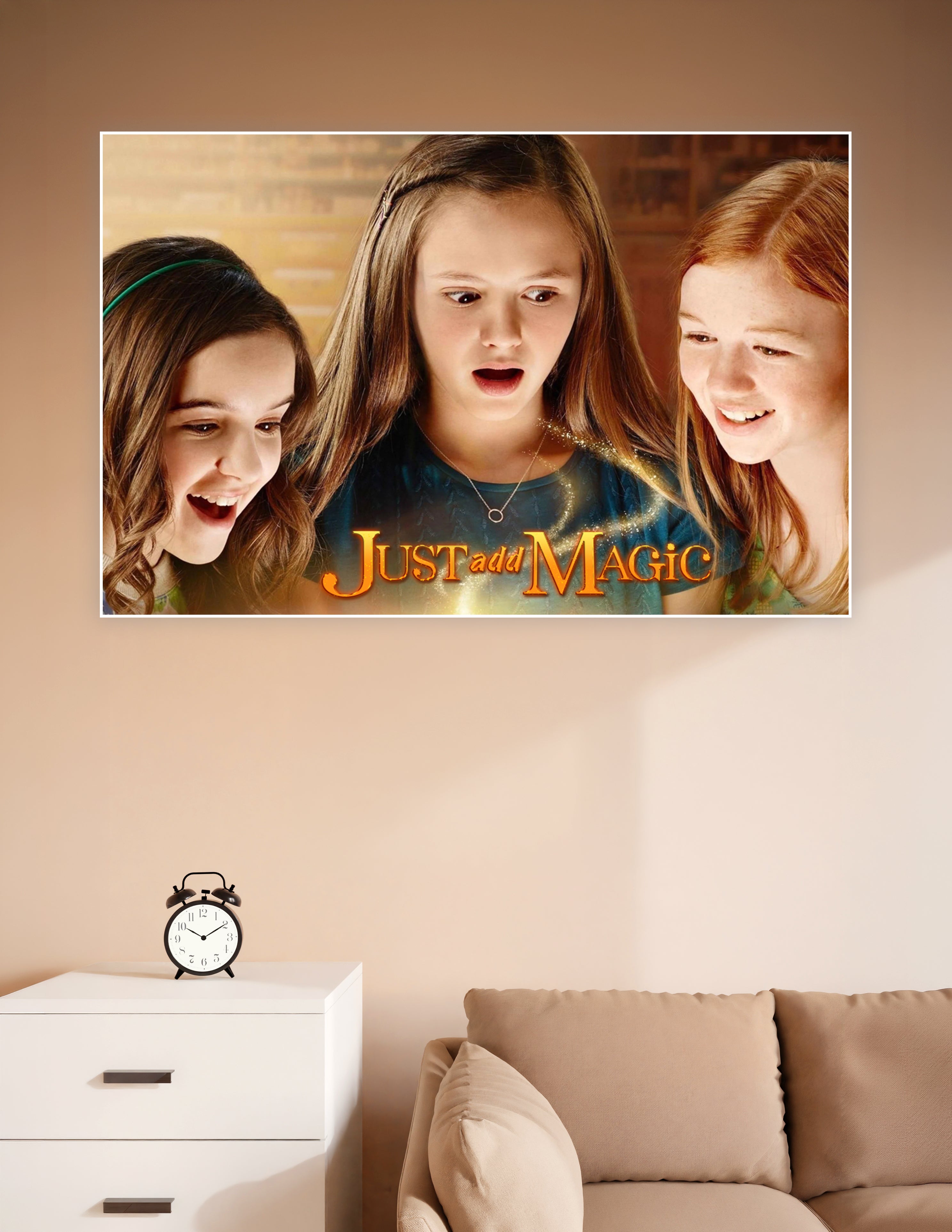 Just Add Magic Amazon Original series poster featuring three girls looking at a glowing magical cookbook with golden sparkles