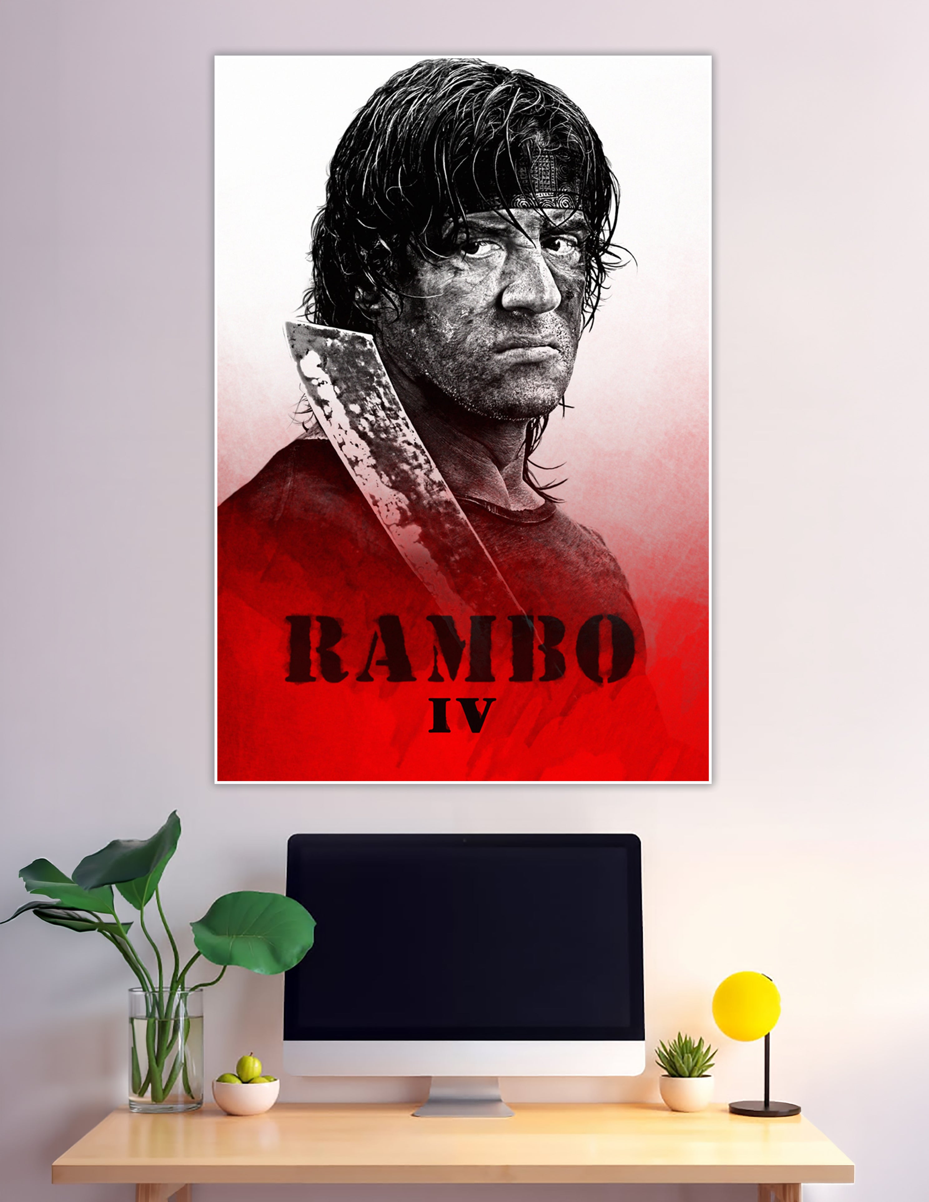 Rambo IV movie poster with red background and machete