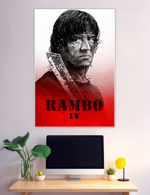 Rambo IV movie poster with red background and machete