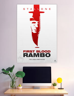 Minimalist red and white Rambo First Blood movie poster featuring Sylvester Stallone's face merged with a survival knife silhouette