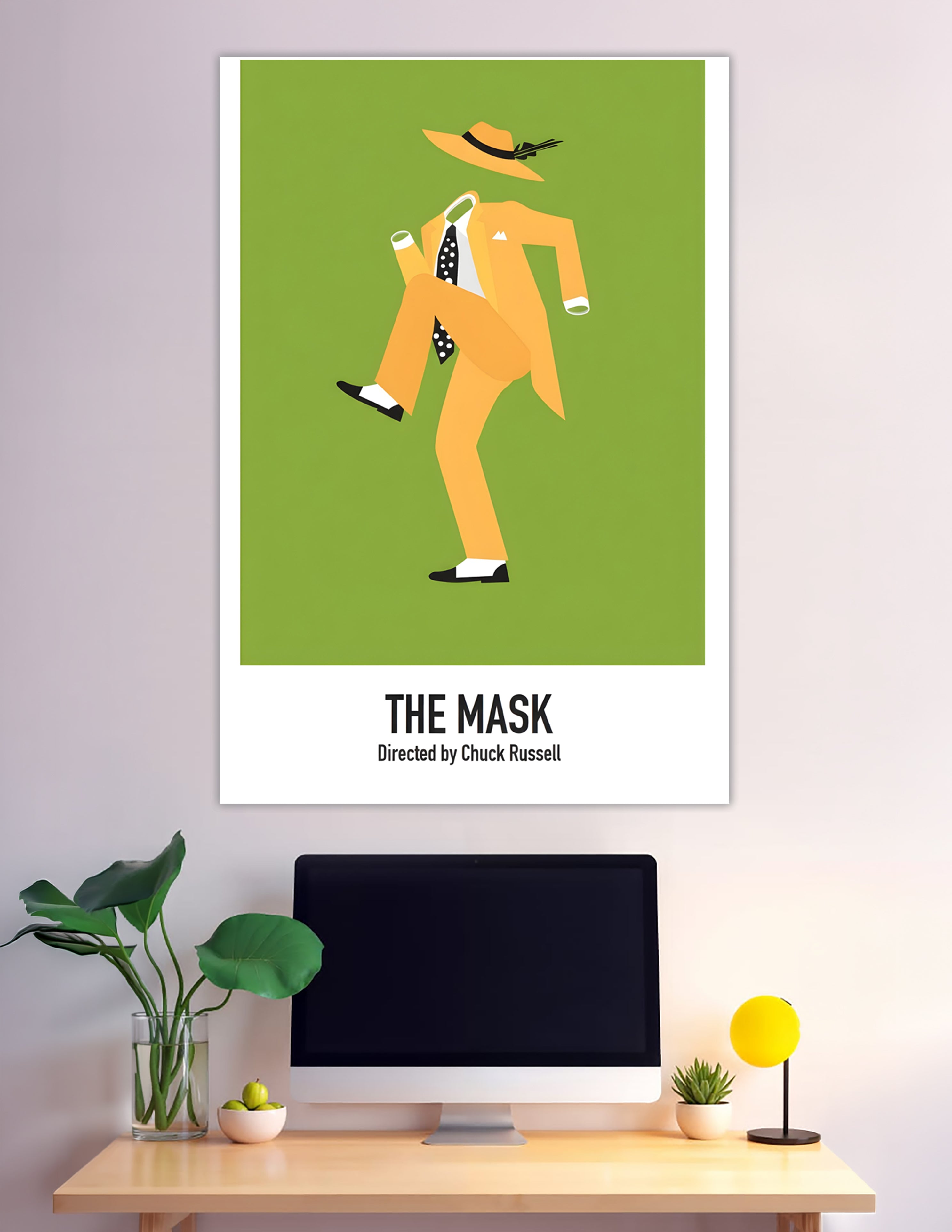 Minimalist movie poster of The Mask featuring a headless yellow zoot suit figure dancing on a green background, directed by Chuck Russell