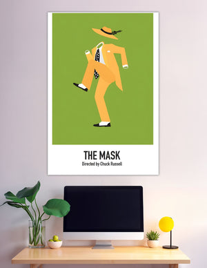 Minimalist movie poster of The Mask featuring a headless yellow zoot suit figure dancing on a green background, directed by Chuck Russell