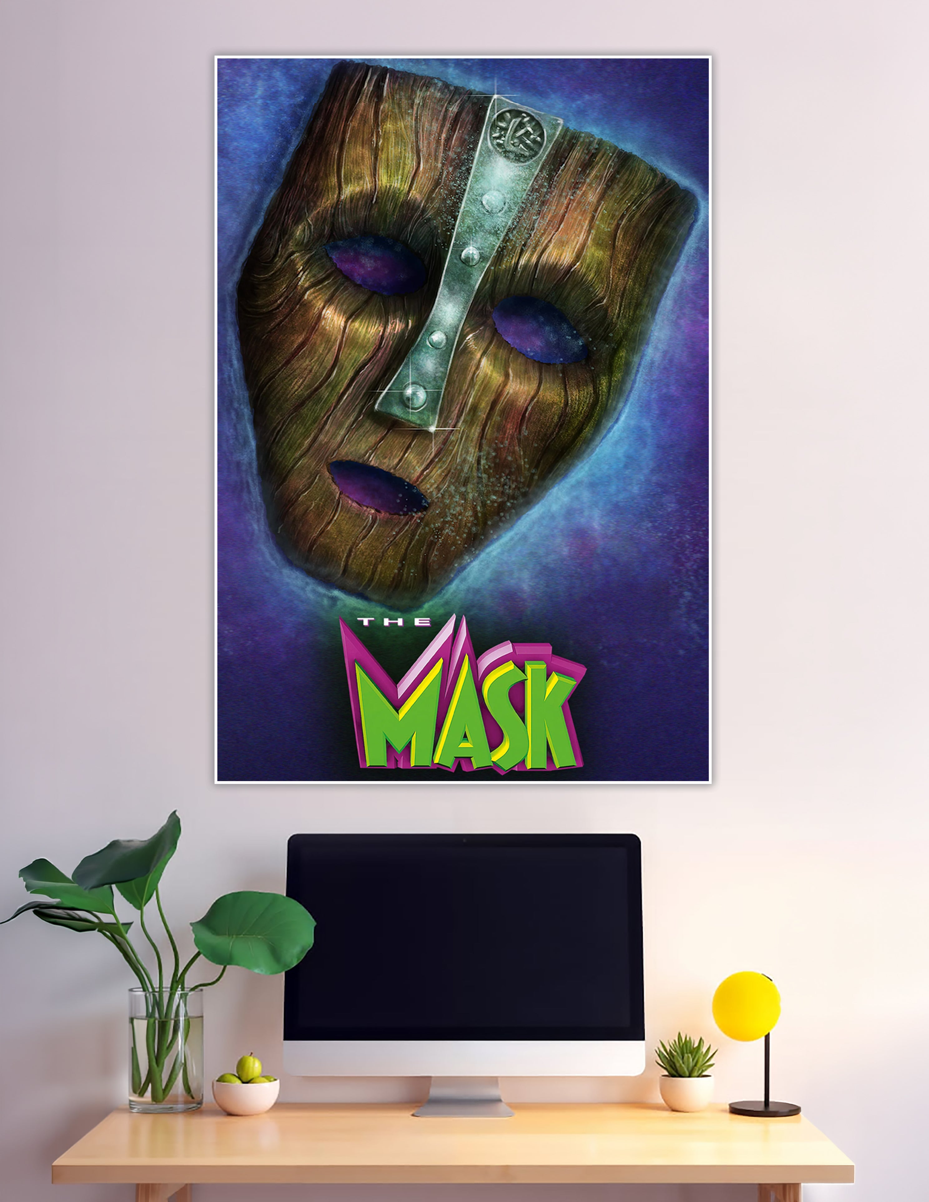 The Mask 1994 movie poster with wooden Loki mask
