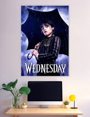 Wednesday Addams standing in the rain holding a gothic black umbrella wearing Nevermore Academy uniform, dark blue cinematic poster