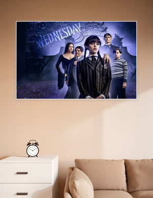 Wednesday Addams and the Addams Family cast standing before the gothic gates of Nevermore Academy in a moody purple-toned promotional poster for the Netflix series Wednesday