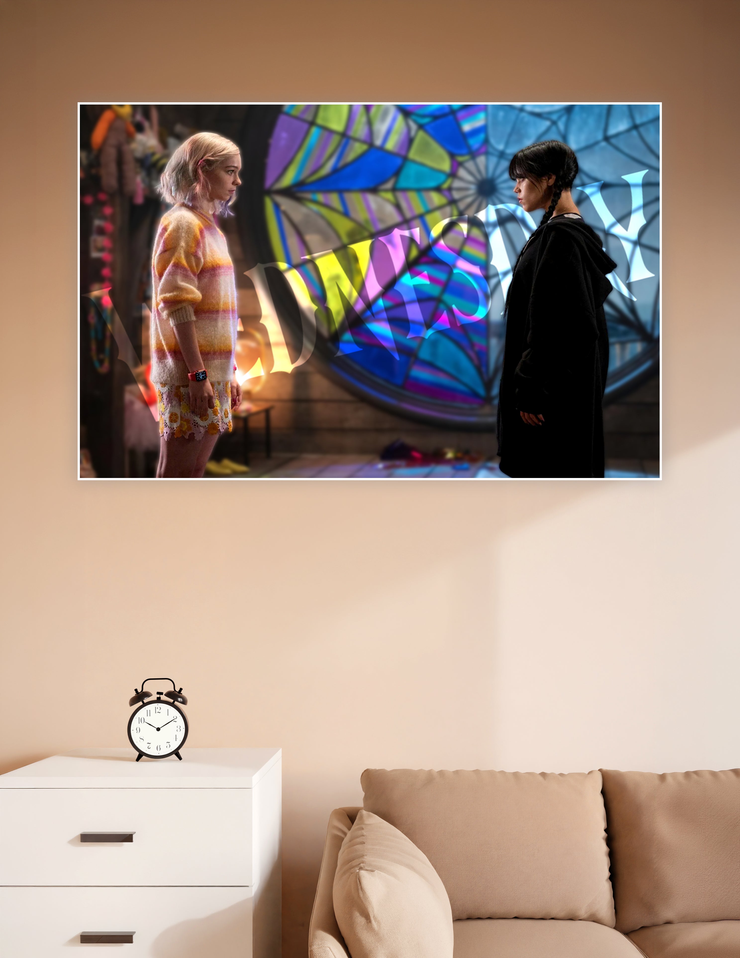 Fan art poster of two contrasting characters — one in all black with dark braids and one in a colorful striped sweater — facing each other in front of a vibrant stained-glass spider web window