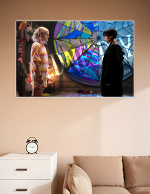 Fan art poster of two contrasting characters — one in all black with dark braids and one in a colorful striped sweater — facing each other in front of a vibrant stained-glass spider web window