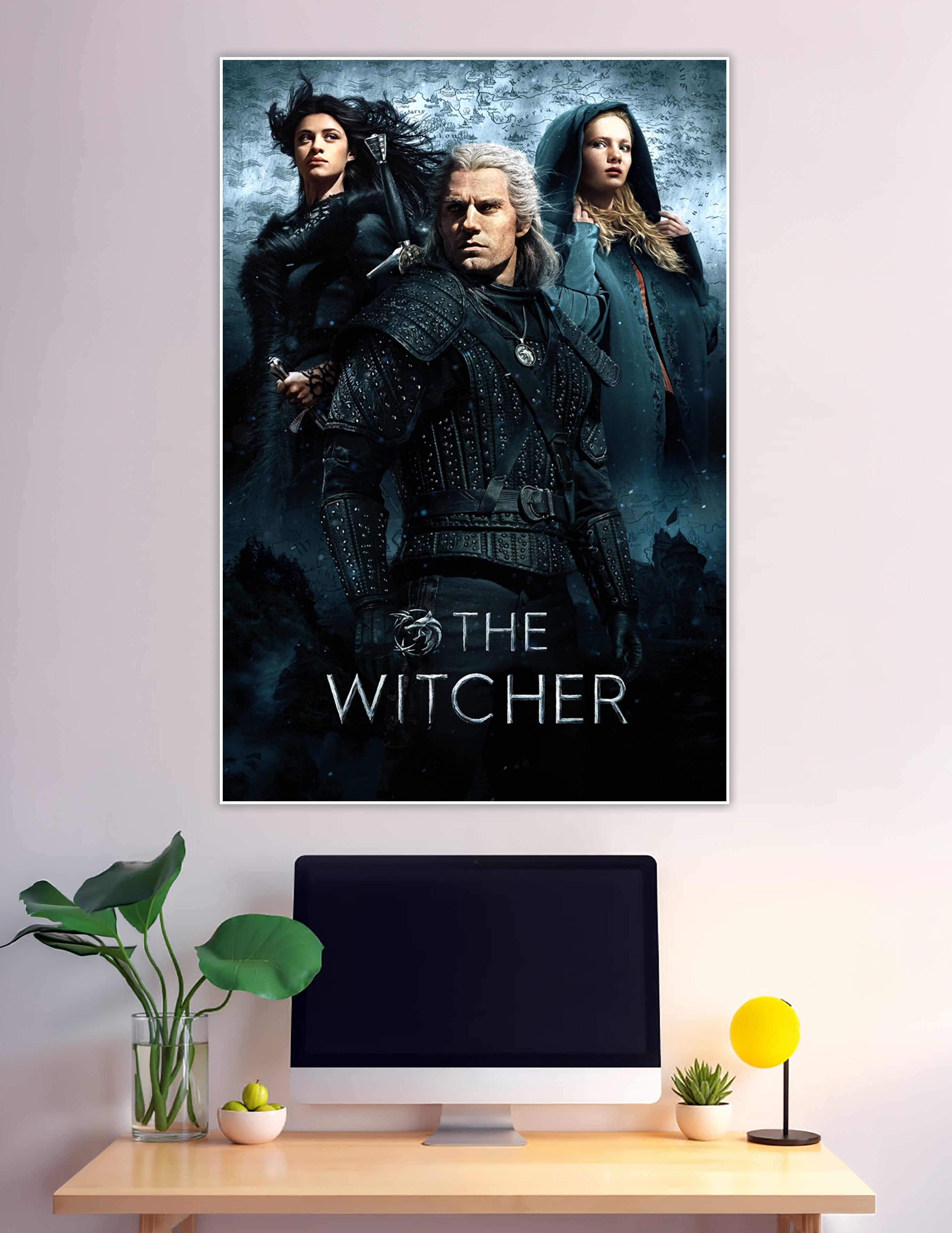 The Witcher Netflix series poster featuring Geralt of Rivia in black armor with Yennefer and Ciri against a fantasy map background