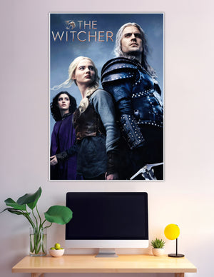 The Witcher Netflix series poster featuring Geralt in dark leather armor with Ciri and Yennefer against a stormy blue sky