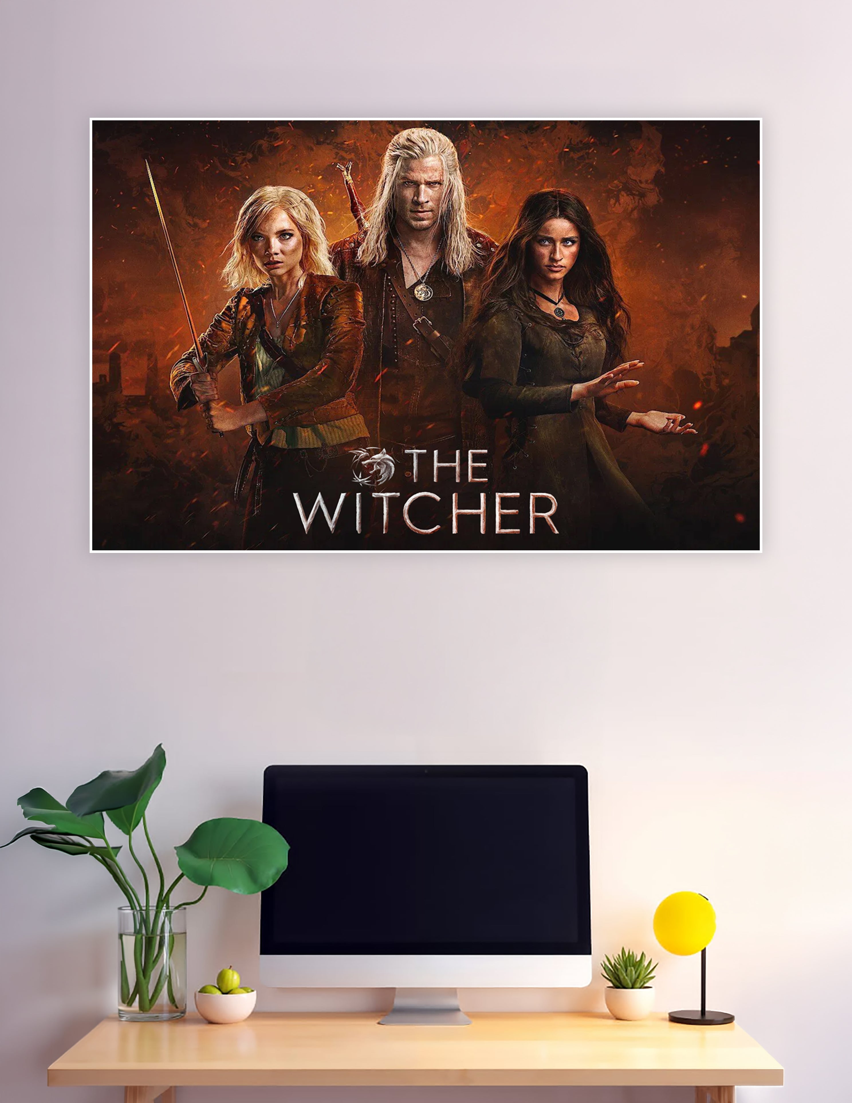 The Witcher Netflix series poster featuring Geralt, Ciri, and Yennefer against a fiery orange background with the show's logo
