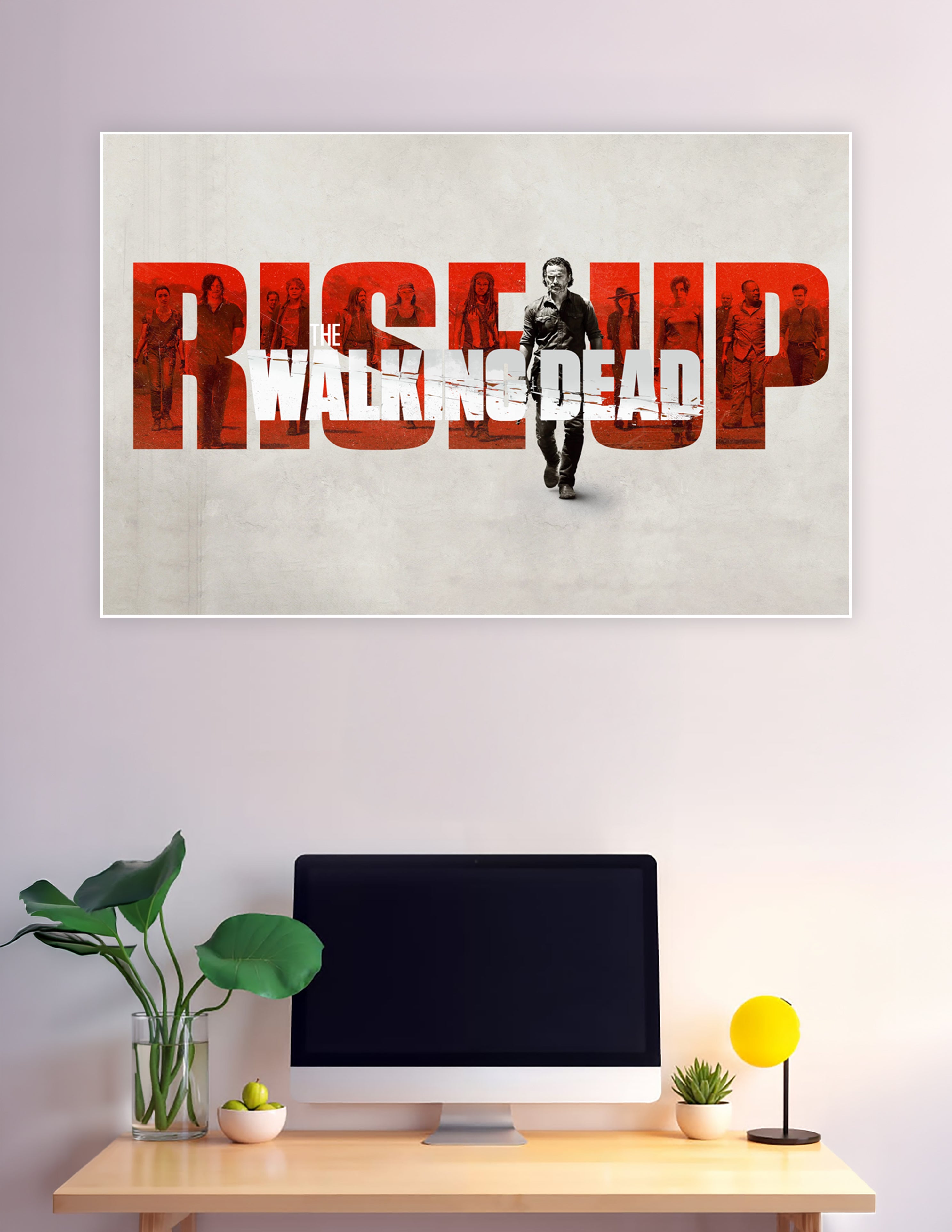 The Walking Dead Rise Up Season 7 promotional poster with bold red typography and cast silhouettes on a grey background