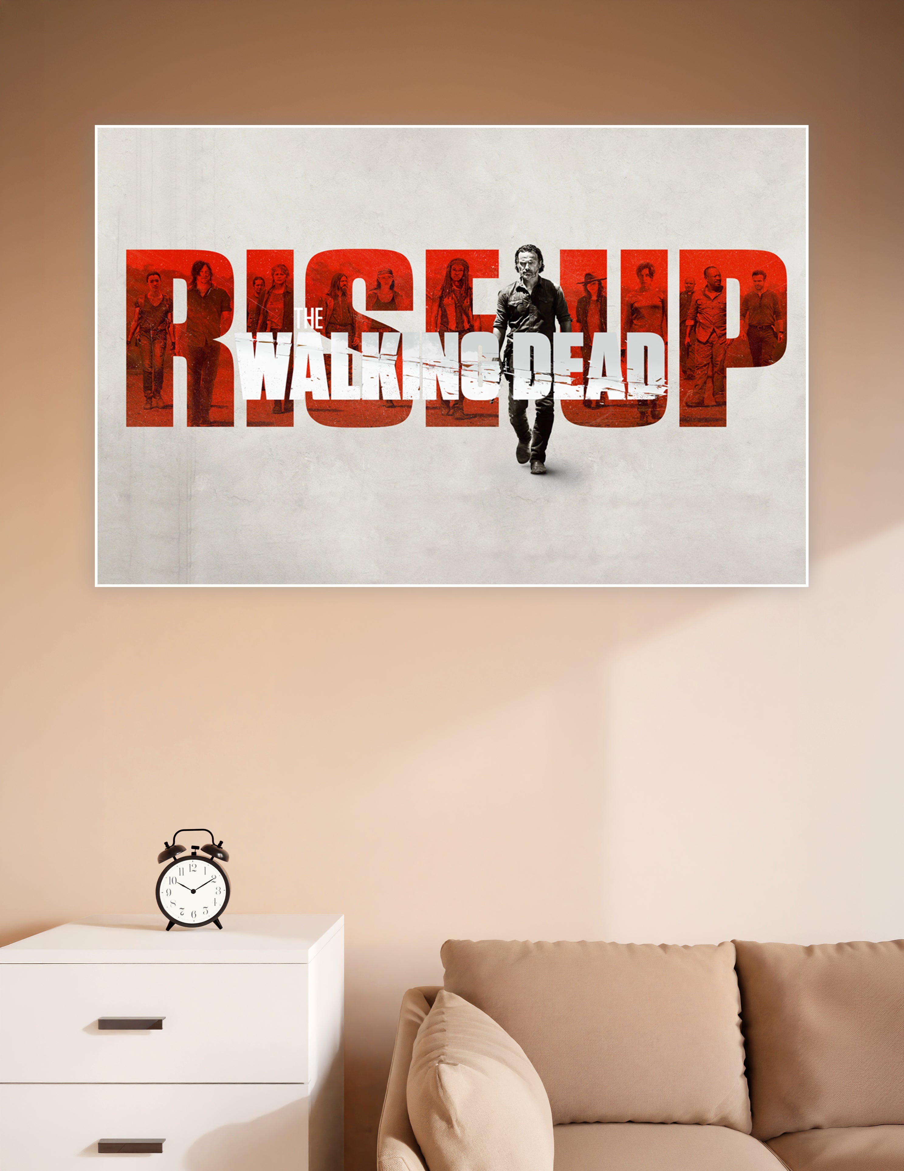 The Walking Dead Rise Up Season 7 promotional poster with bold red typography and cast silhouettes on a grey background