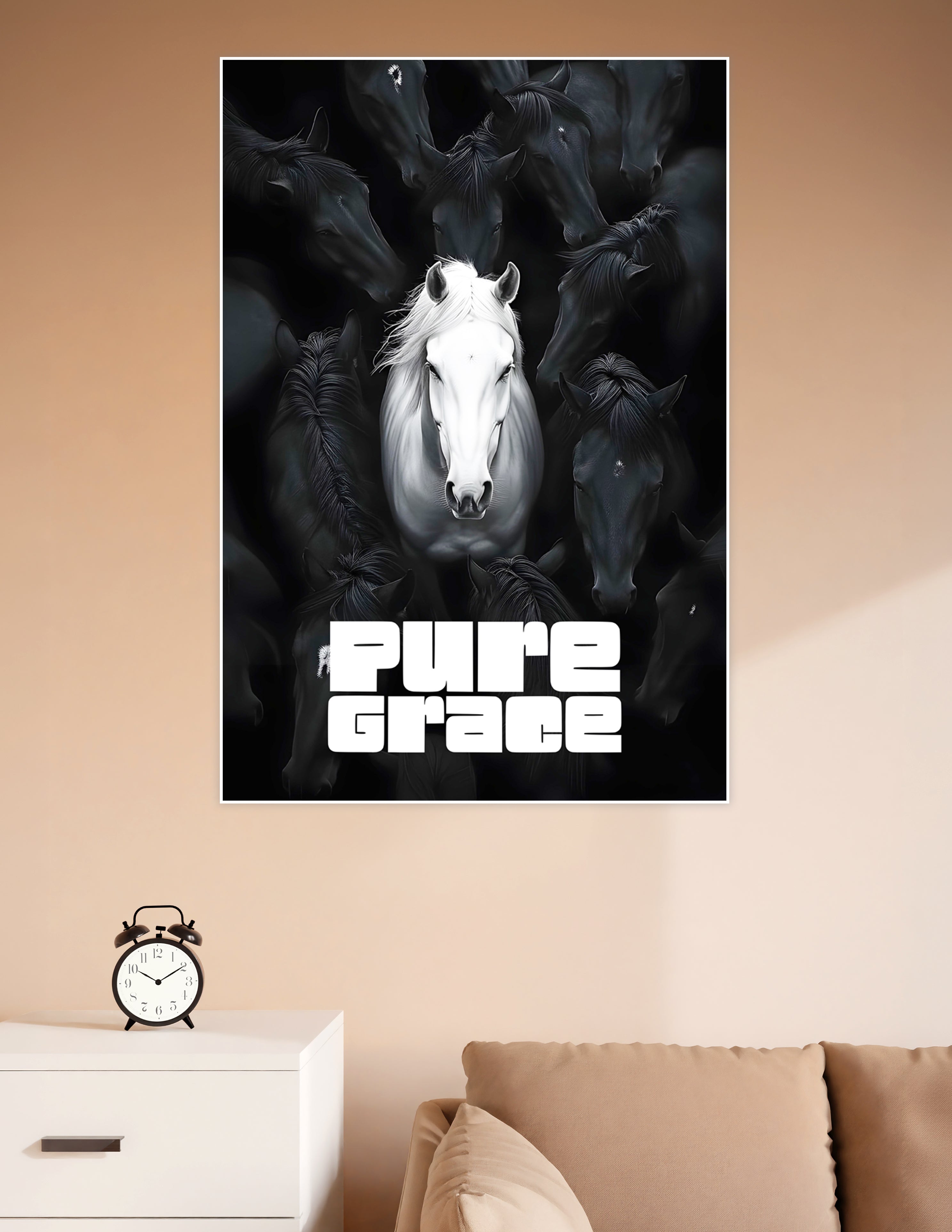 Dramatic black and white poster of a glowing white horse surrounded by dark black horses with the text Pure Grace at the bottom