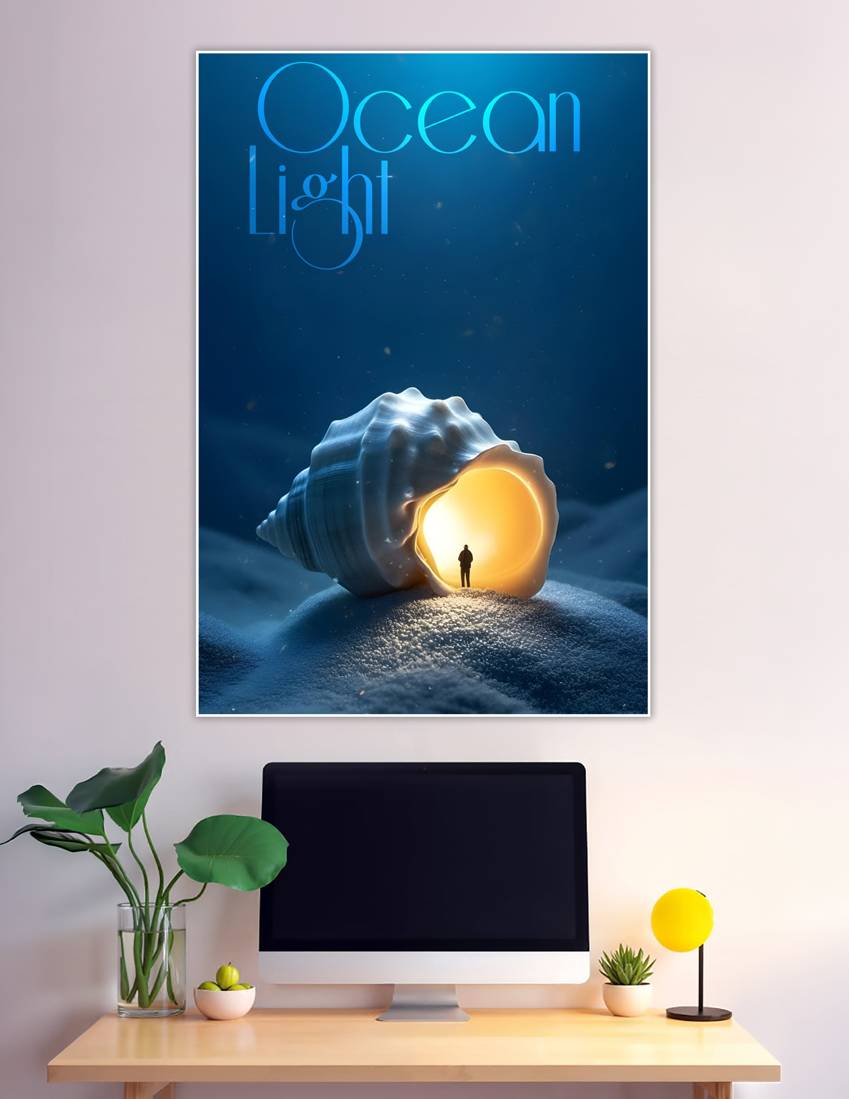 Surreal glowing seashell portal with tiny human silhouette