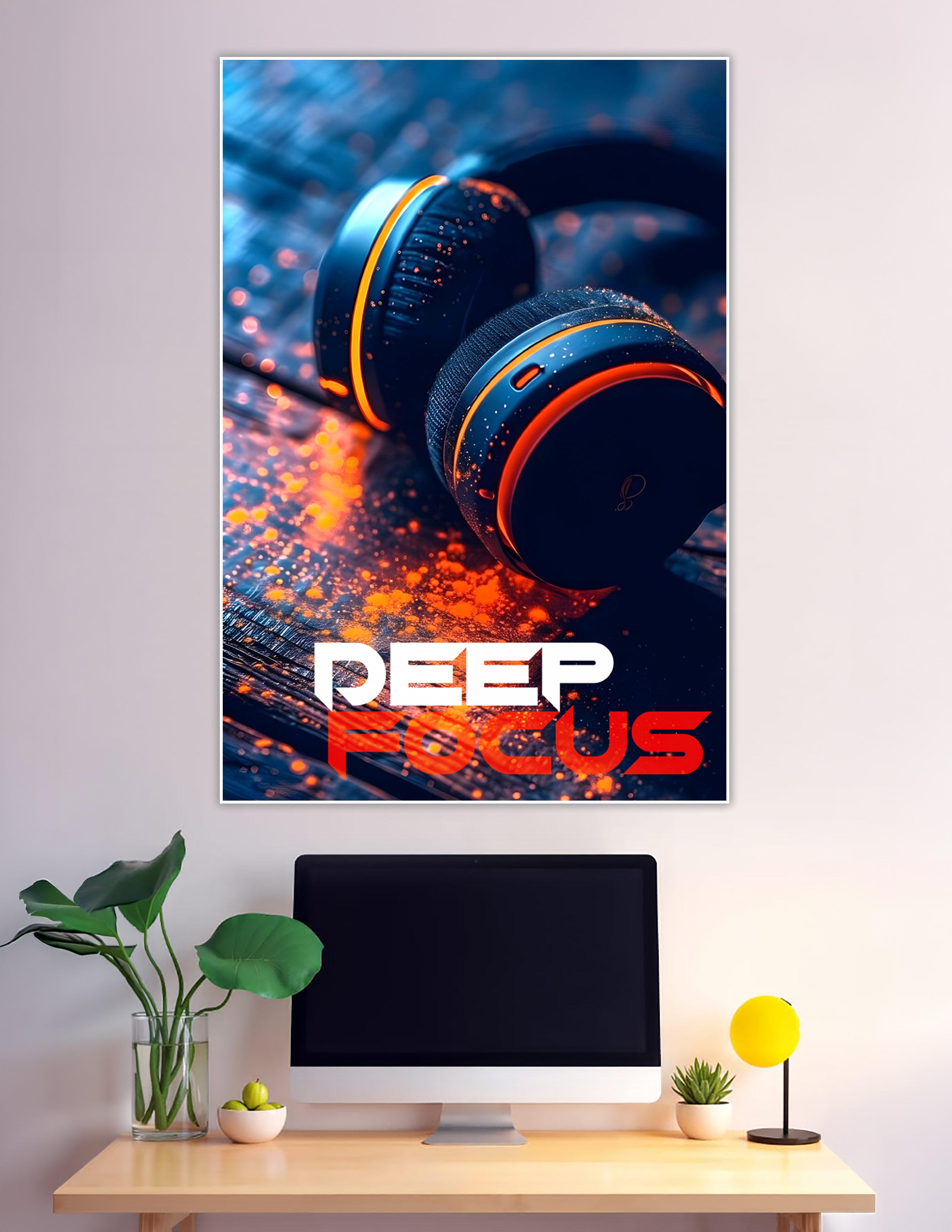 Neon orange glowing headphones deep focus music poster