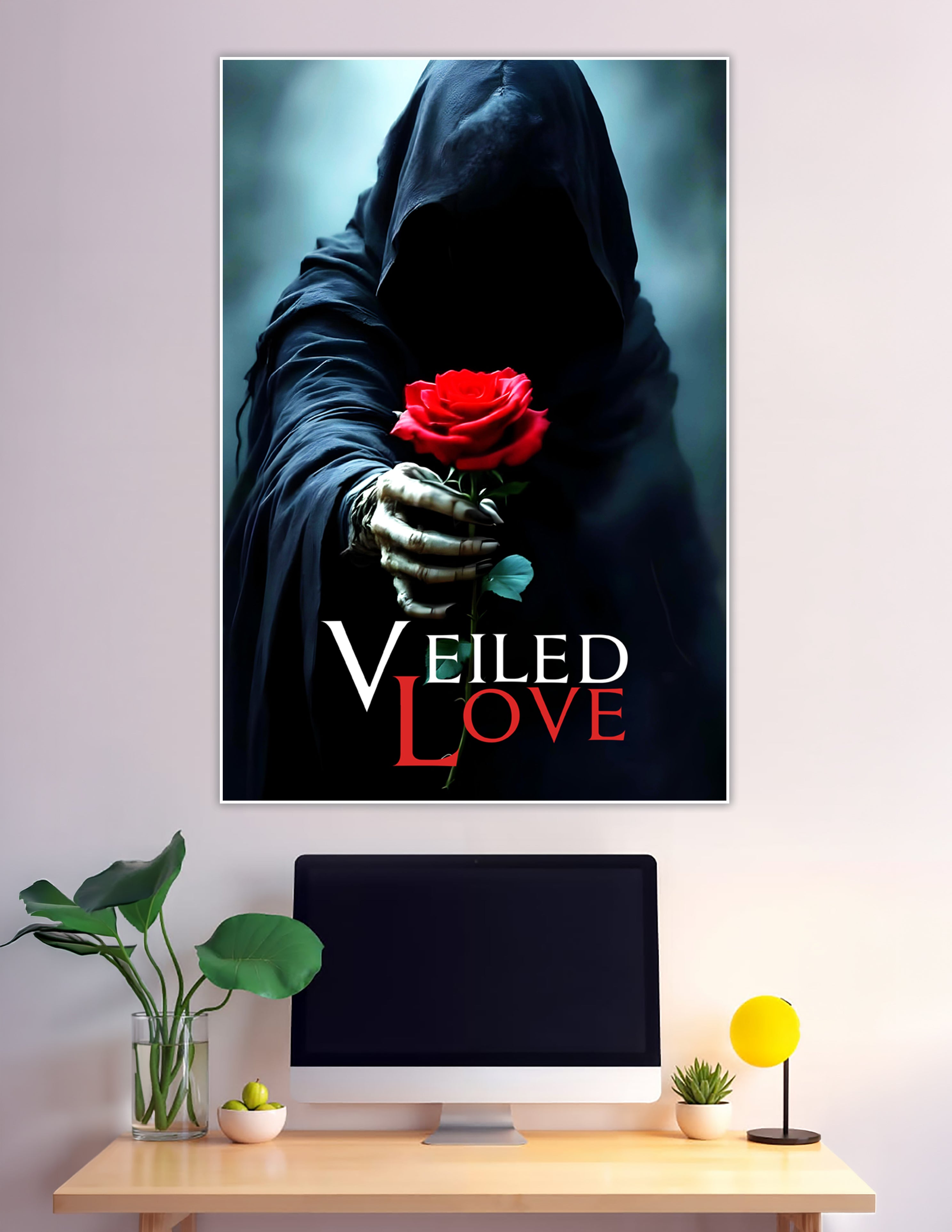 Hooded skeletal figure holding red rose gothic poster