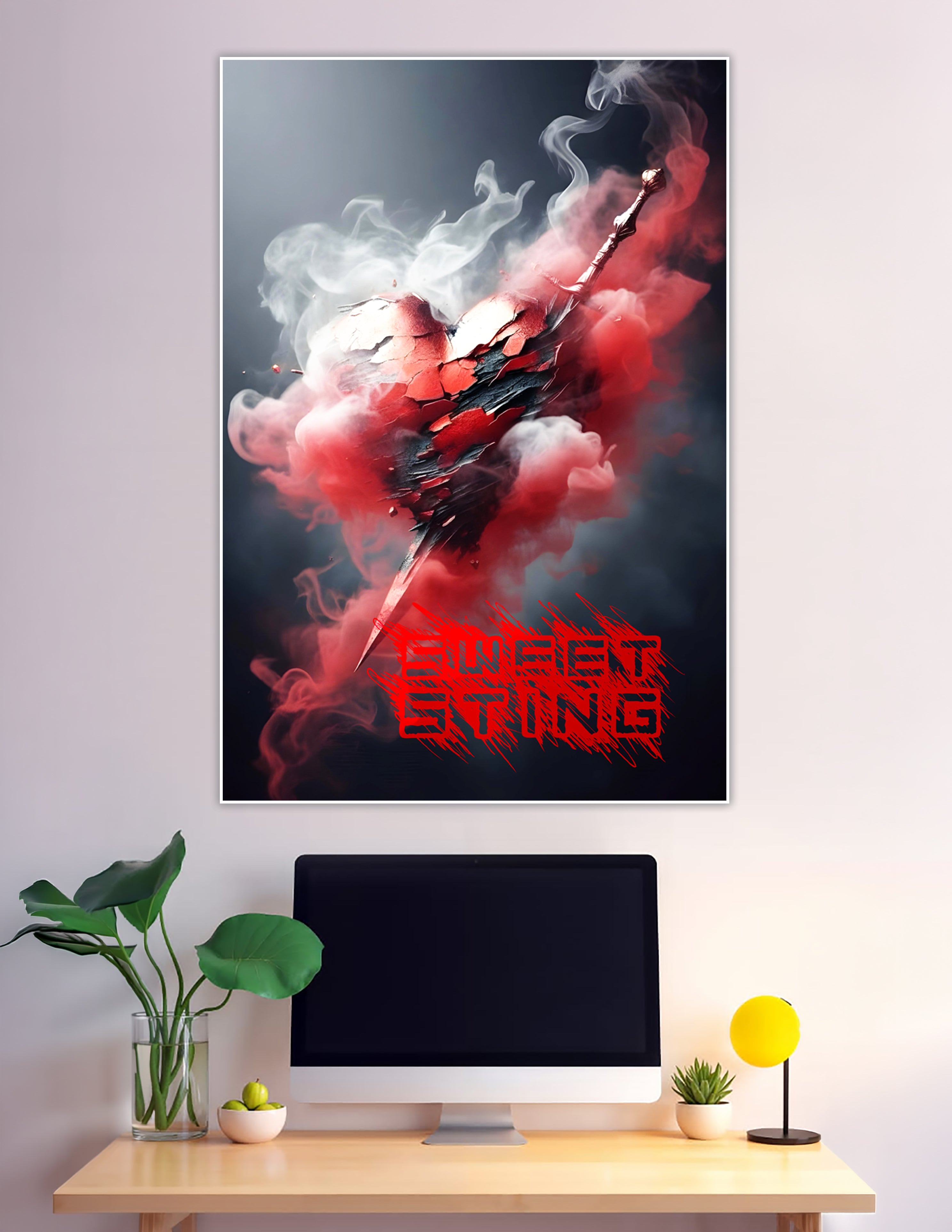 Dark fantasy poster showing a cracked red heart pierced by an ornate sword surrounded by crimson and white smoke with Swift Sting text